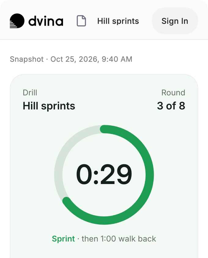A coach’s page at its Dvina link: Hill sprints, round 3 of 8, 0:29 left on the ring.