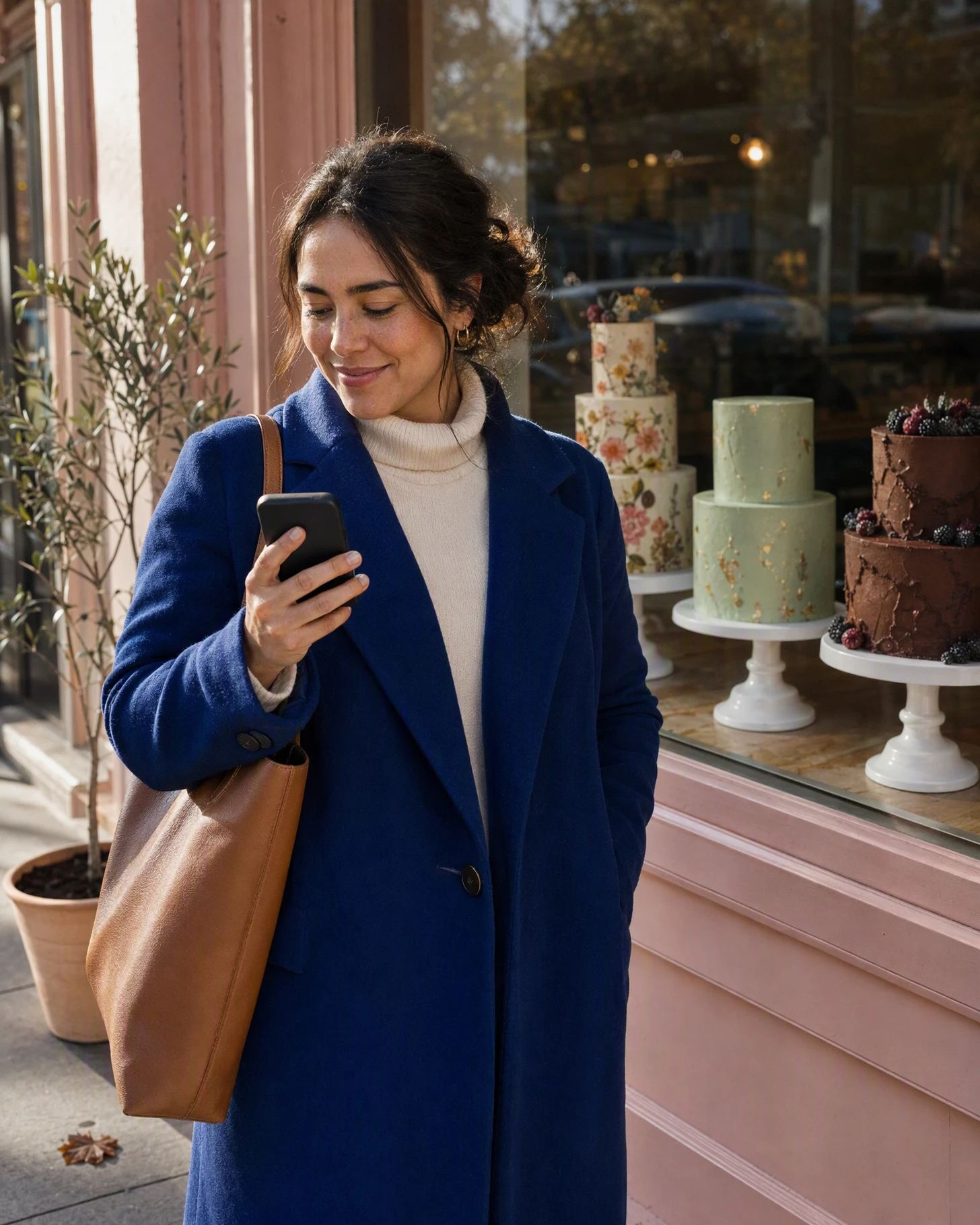 Late morning outside a bakery: a woman in a cobalt coat smiles down at her phone beside a window of tiered cakes.