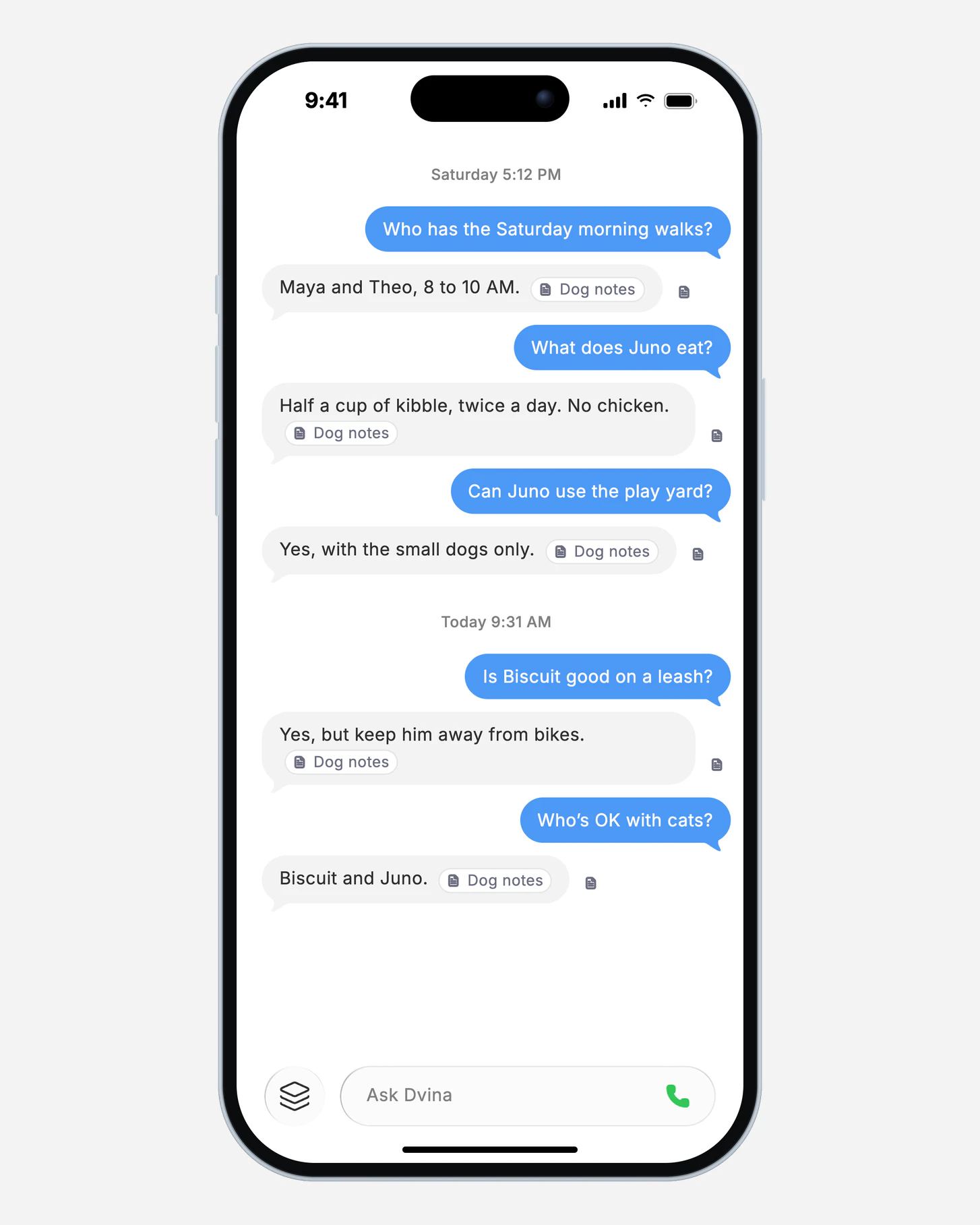 Dvina on an iPhone: a shelter volunteer’s questions about the dogs, each answered from the Dog notes; the last asks who’s OK with cats, and Dvina answers Biscuit and Juno.