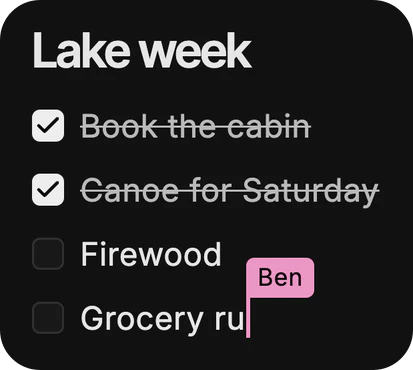 The Lake week page in Dvina: Book the cabin and Canoe for Saturday checked off, Firewood, and Ben’s caret, with his name, mid-word on “Grocery ru”.