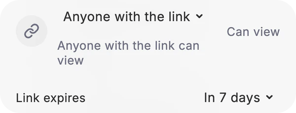 Dvina’s share sheet: Anyone with the link can view, the link expiring in 7 days.