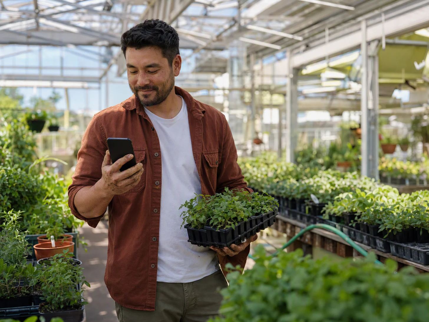 A landscape designer stands between benches of seedlings in a greenhouse, sending something from his phone.