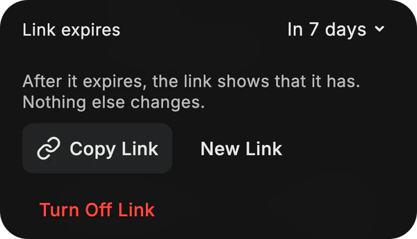 A link’s settings in Dvina: Link expires In 7 days, Copy Link, New Link and Turn Off Link.