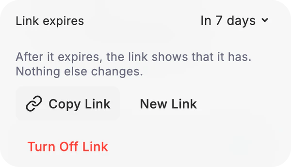 A link’s settings in Dvina: Link expires In 7 days, Copy Link, New Link and Turn Off Link.