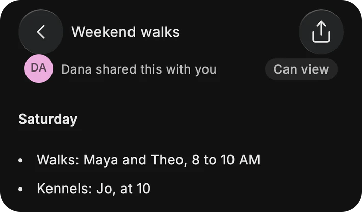 Dana’s Weekend walks chat opened in Dvina to view: “Dana shared this with you”, Can view, and Saturday’s walks and kennels.