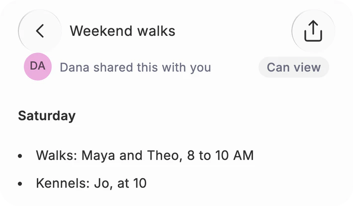 Dana’s Weekend walks chat opened in Dvina to view: “Dana shared this with you”, Can view, and Saturday’s walks and kennels.