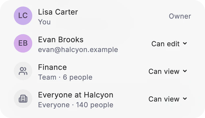 Dvina’s People with access: Lisa Carter the owner, Evan Brooks who can edit, the Finance team of six and everyone at Halcyon, who can view.