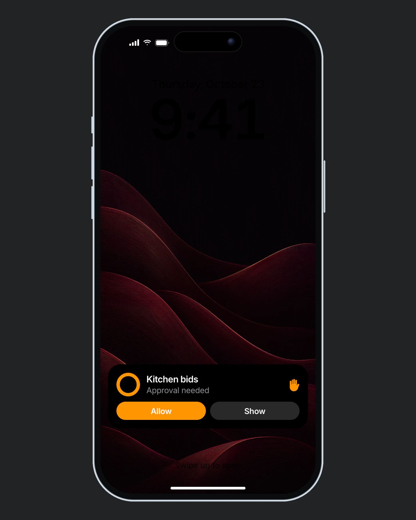 صفحهٔ قفل iPhone در ساعت ۹:۴۱ روز پنجشنبه، ۲۳ اکتبر، با فعالیت زندهٔ Dvina: پیشنهادهای قیمت آشپزخانه، نیازمند تأیید، همراه با گزینه‌های «اجازه» و «نمایش».