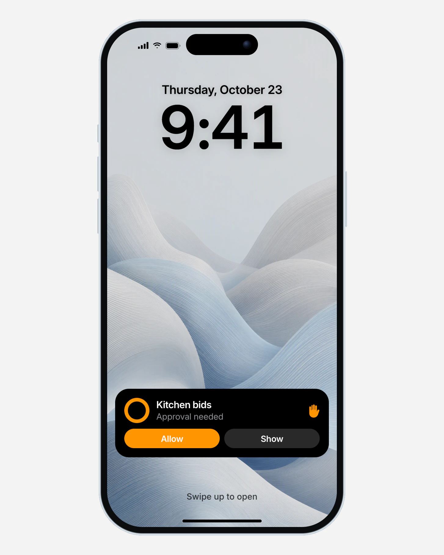 صفحهٔ قفل iPhone در ساعت ۹:۴۱ روز پنجشنبه، ۲۳ اکتبر، با فعالیت زندهٔ Dvina: پیشنهادهای قیمت آشپزخانه، نیازمند تأیید، همراه با گزینه‌های «اجازه» و «نمایش».