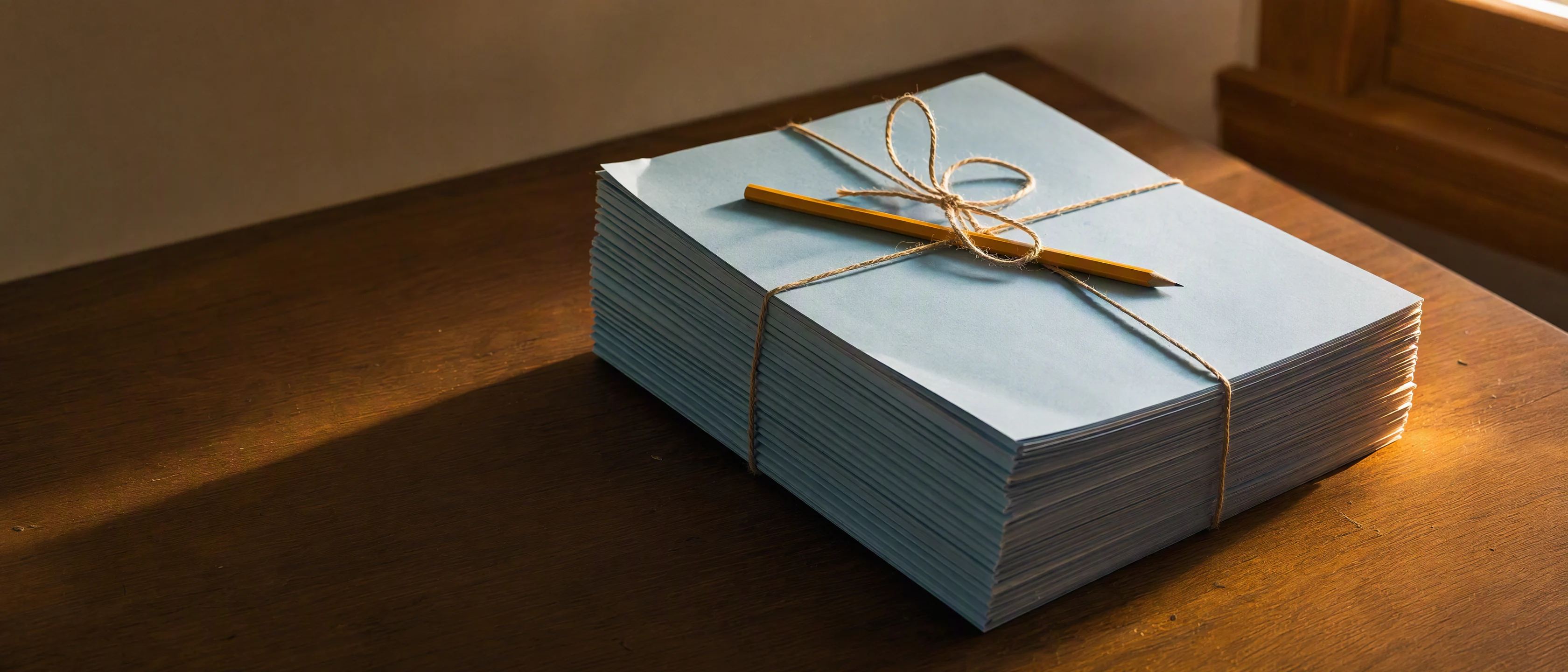 A stack of blank blue exam books tied with string on a wooden desk, a pencil on top.