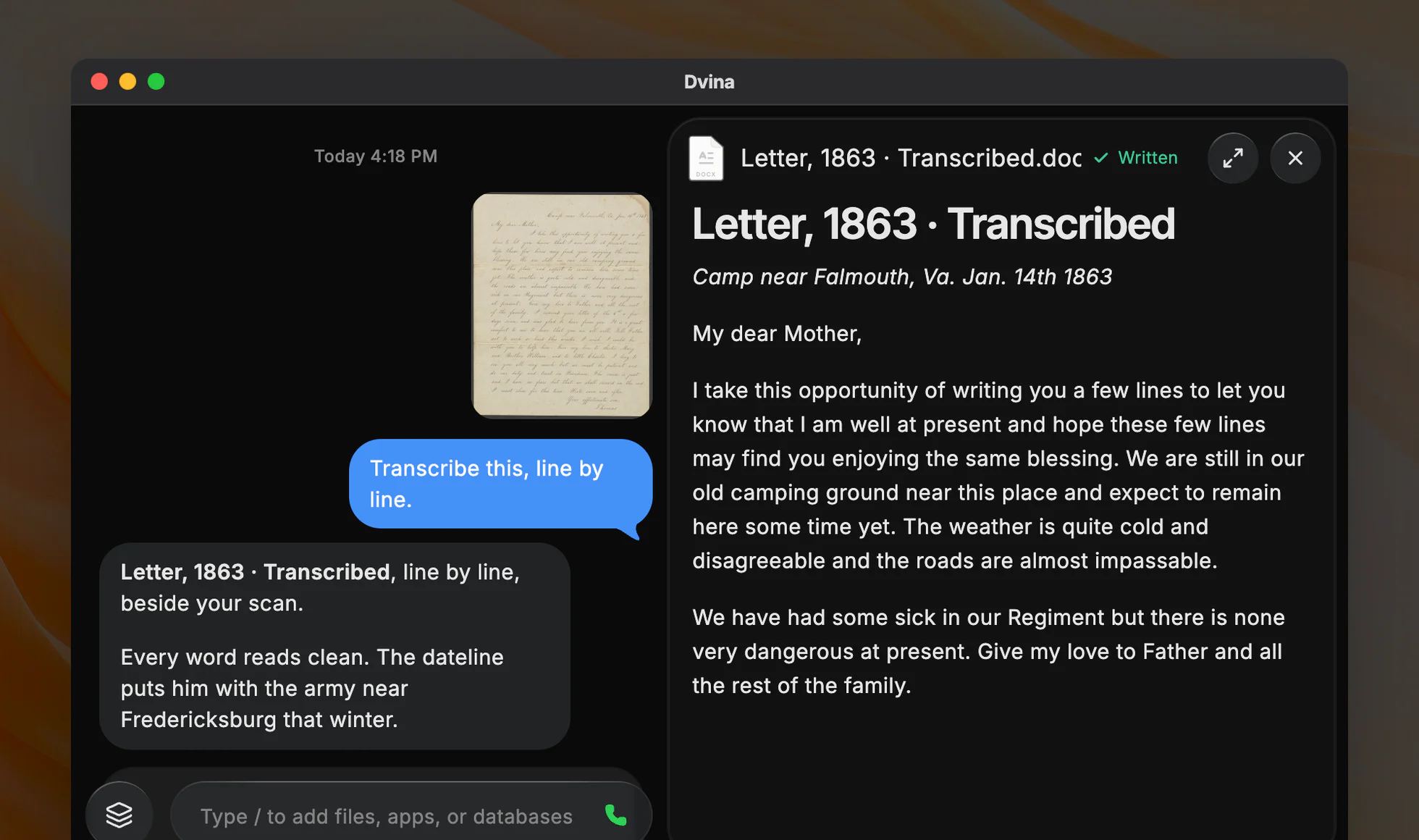 Tessa in an archive reading room in cotton gloves, and Dvina on a Mac with an 1863 letter beside its transcription.
