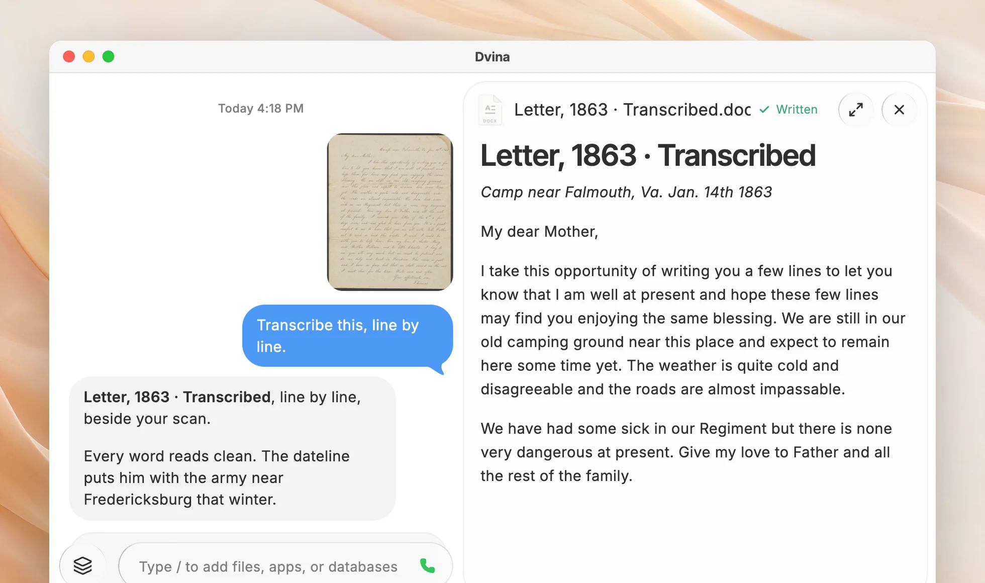 Tessa in an archive reading room in cotton gloves, and Dvina on a Mac with an 1863 letter beside its transcription.