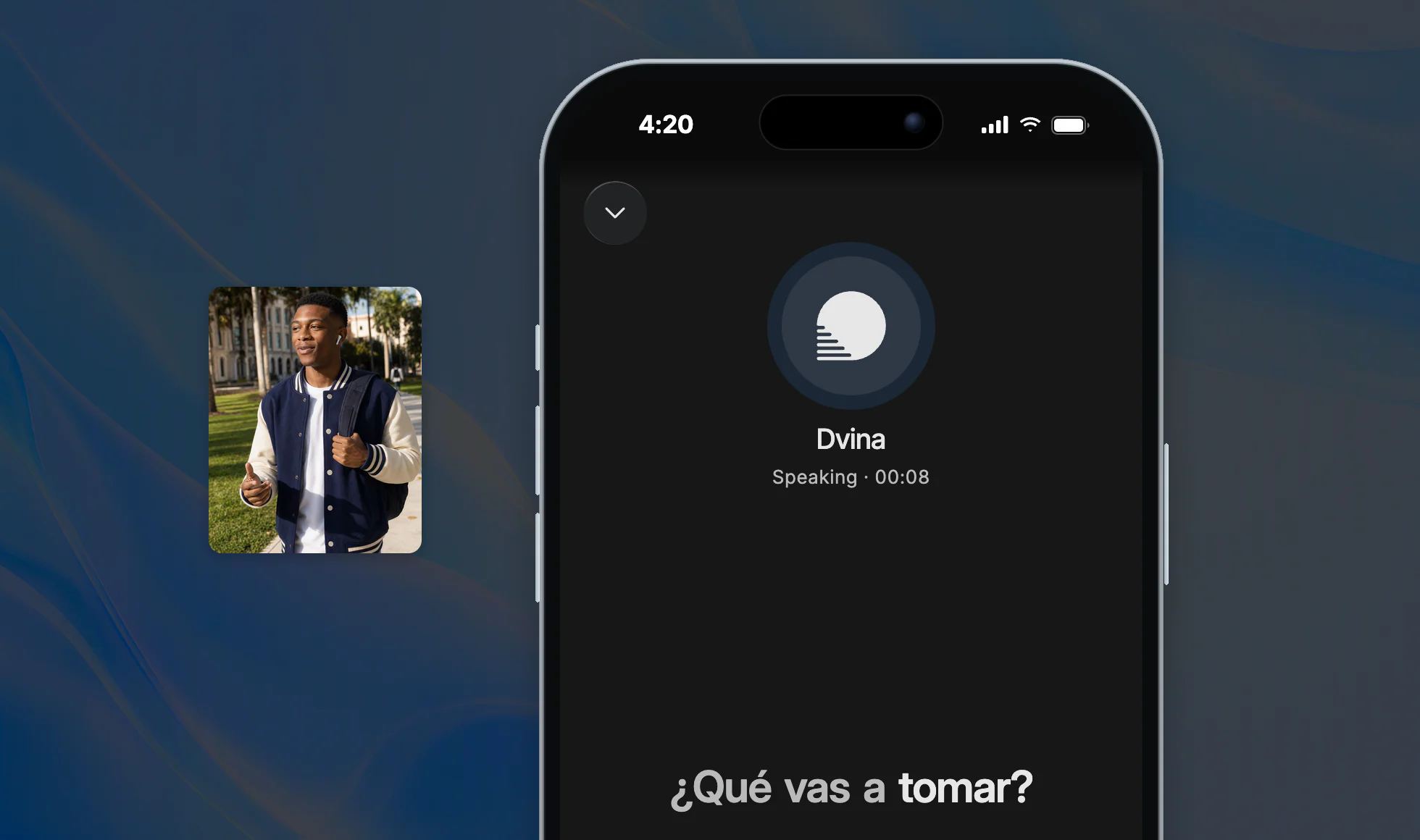 Ty walking across campus with earbuds in, and Dvina's call screen on an iPhone: Spanish, slowly.