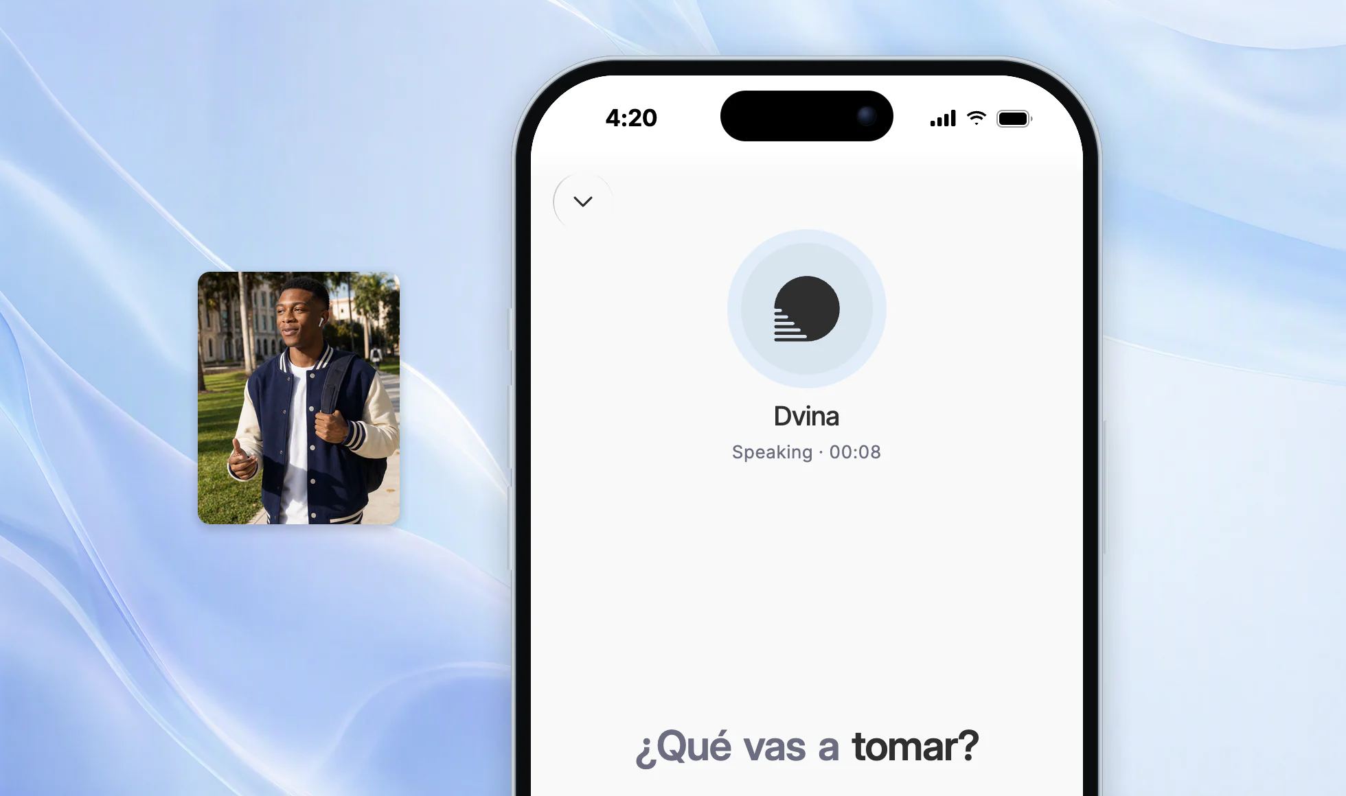 Ty walking across campus with earbuds in, and Dvina's call screen on an iPhone: Spanish, slowly.