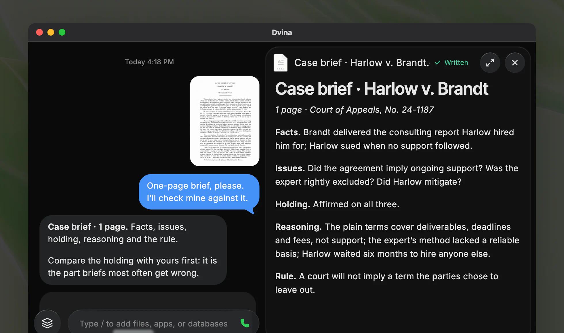 Noelle at a law-library carrel, and Dvina on a Mac with a one-page case brief beside the opinion.