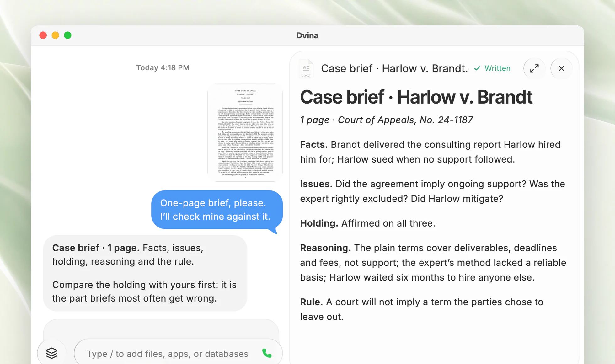 Noelle at a law-library carrel, and Dvina on a Mac with a one-page case brief beside the opinion.
