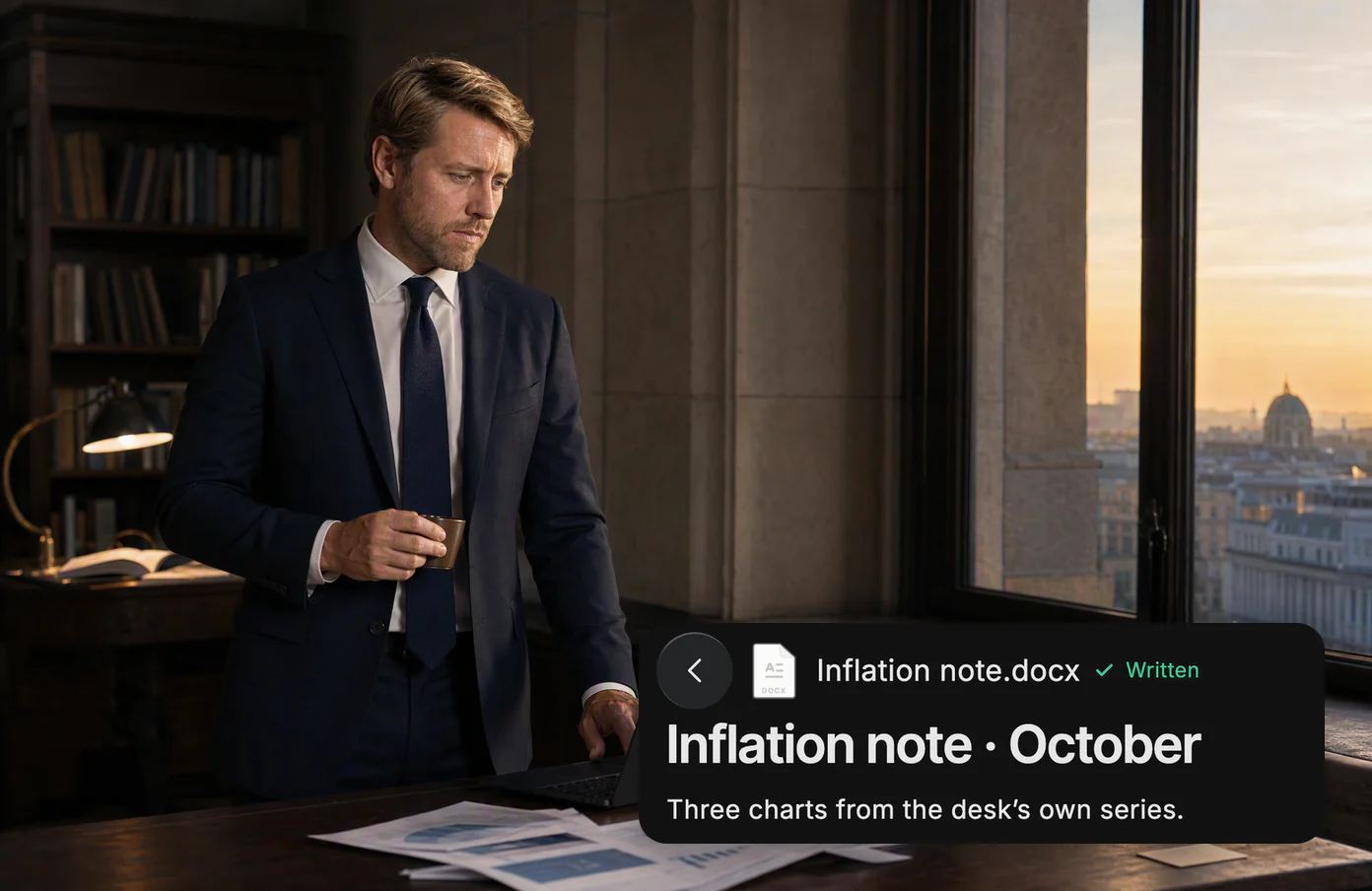 An economist at a tall window over a waking city. Dvina’s drafted Inflation note, written from the desk’s own series.