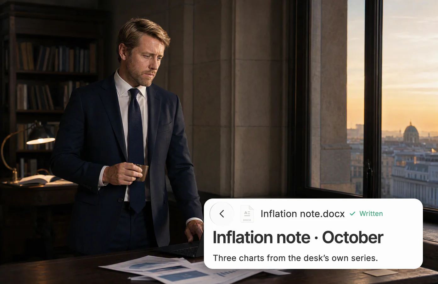 An economist at a tall window over a waking city. Dvina’s drafted Inflation note, written from the desk’s own series.