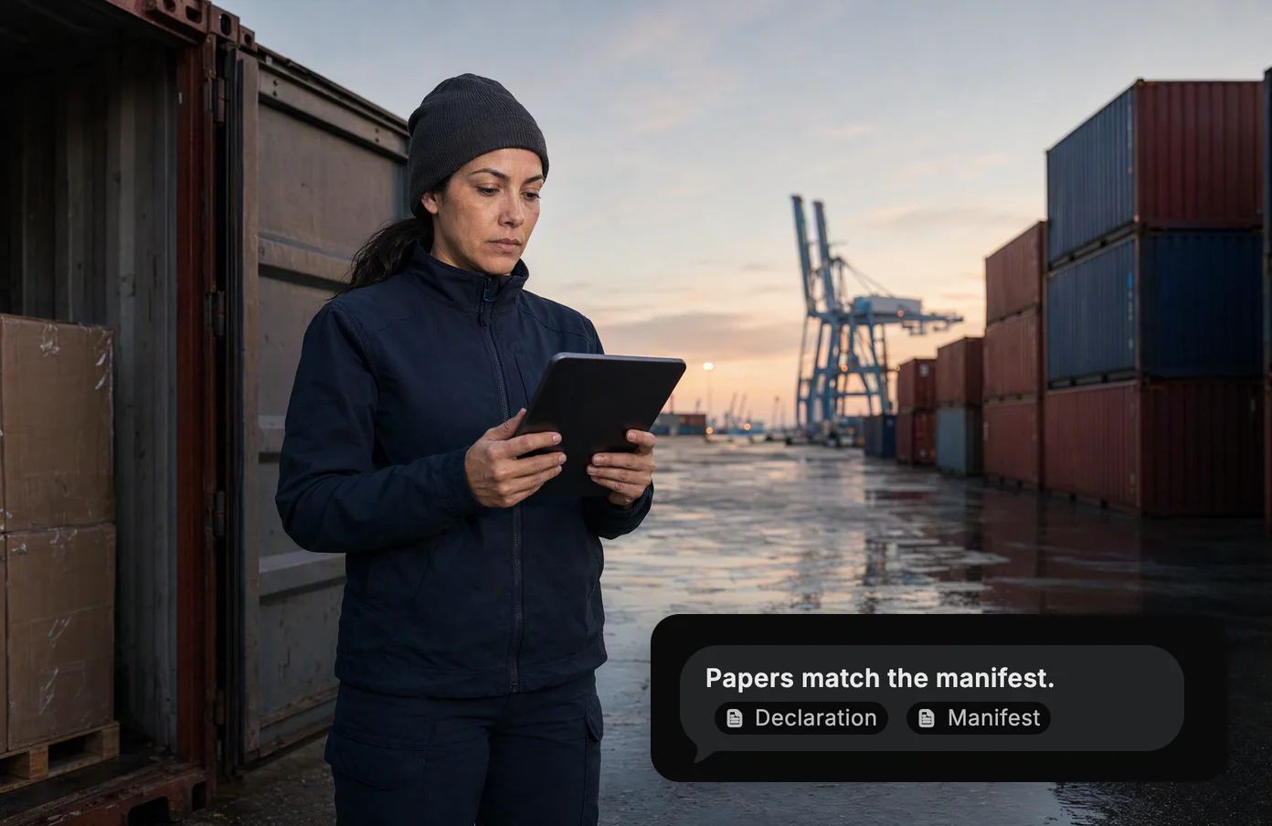 A customs officer with a tablet on a container quay at dawn. Dvina: the papers match the manifest, citing both.