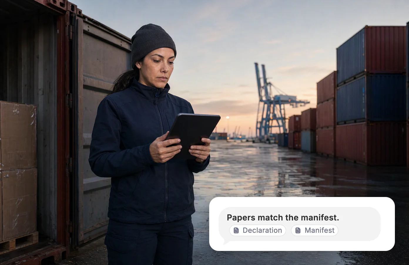 A customs officer with a tablet on a container quay at dawn. Dvina: the papers match the manifest, citing both.