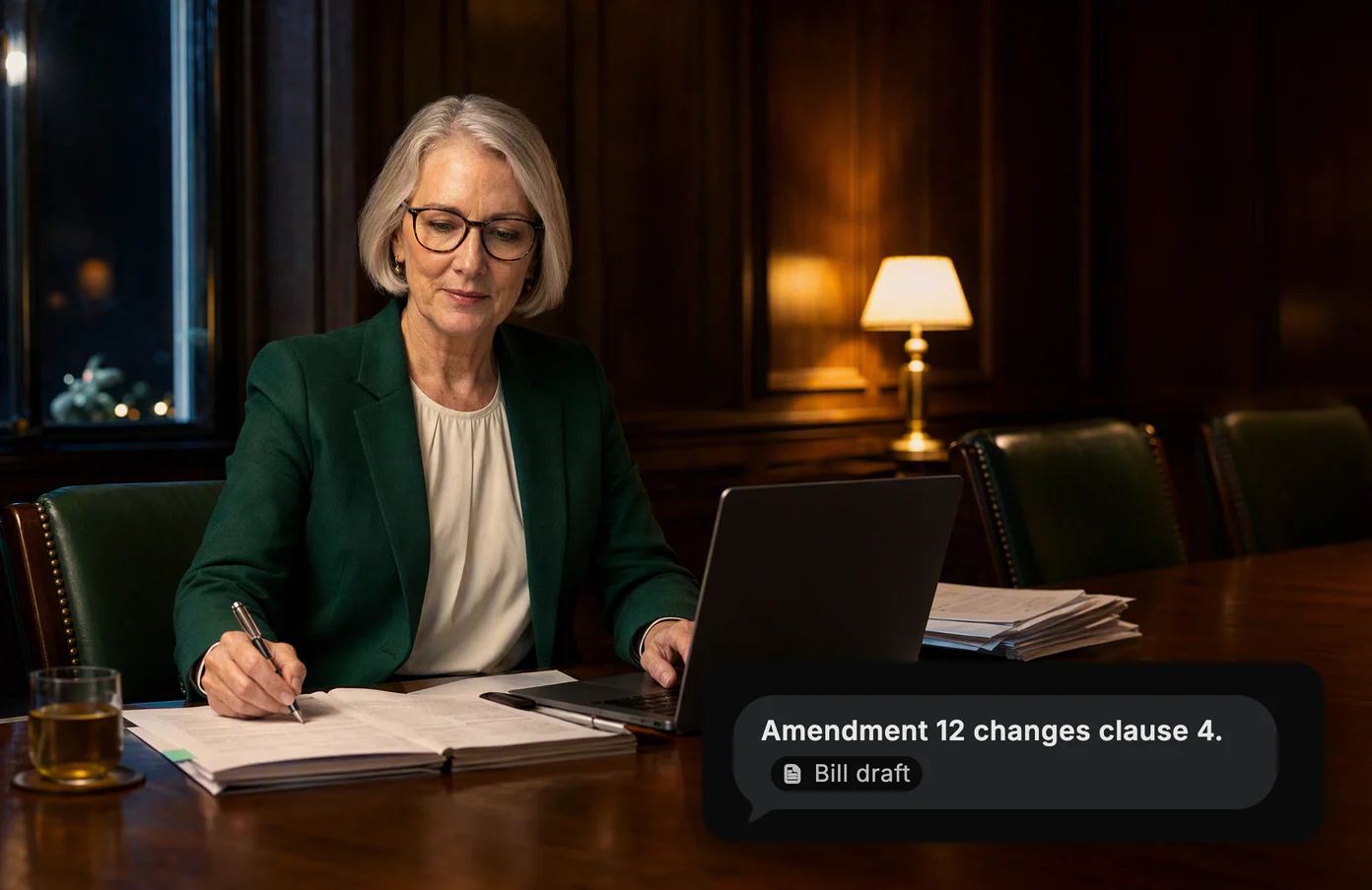 A committee clerk marks a printed bill in an empty committee room at 11 PM. Dvina: amendment 12 changes clause 4, from the bill draft.