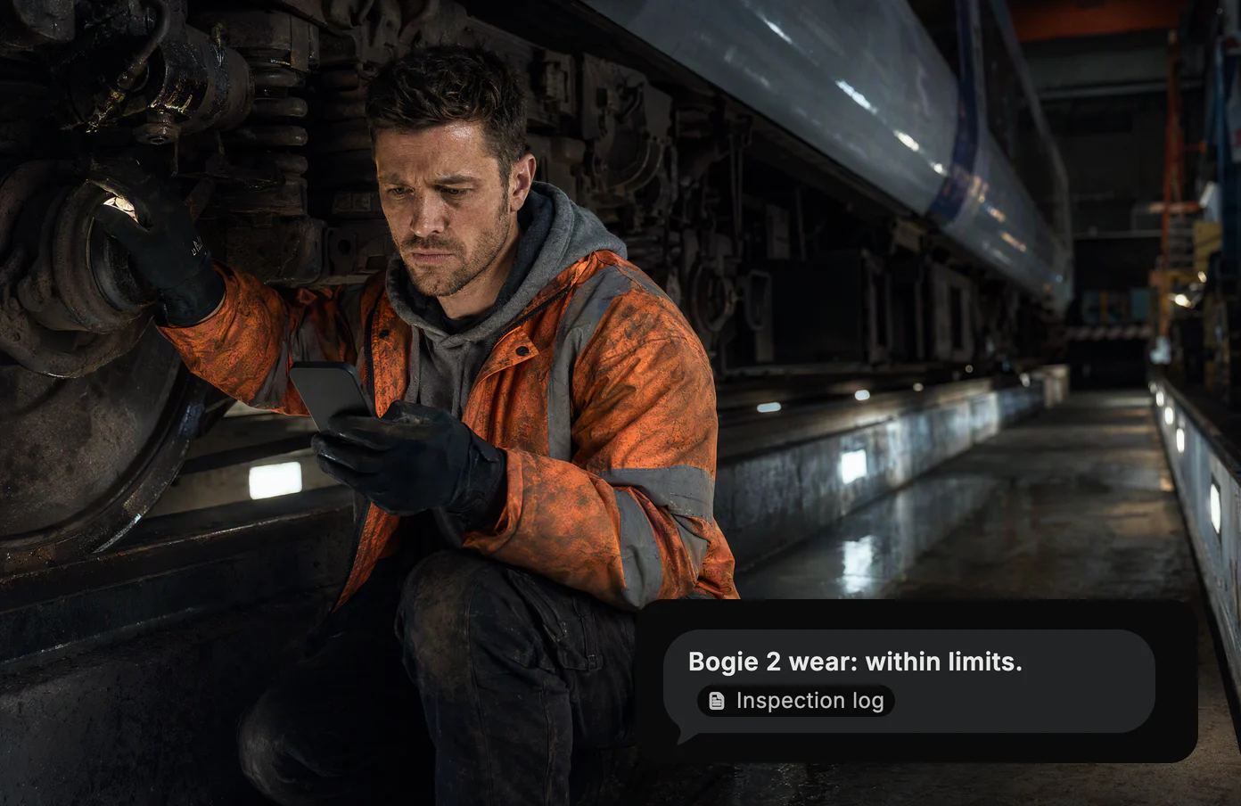 A track engineer crouches by a train’s bogie at a maintenance depot before dawn. Dvina: bogie 2 wear within limits, from the inspection log.