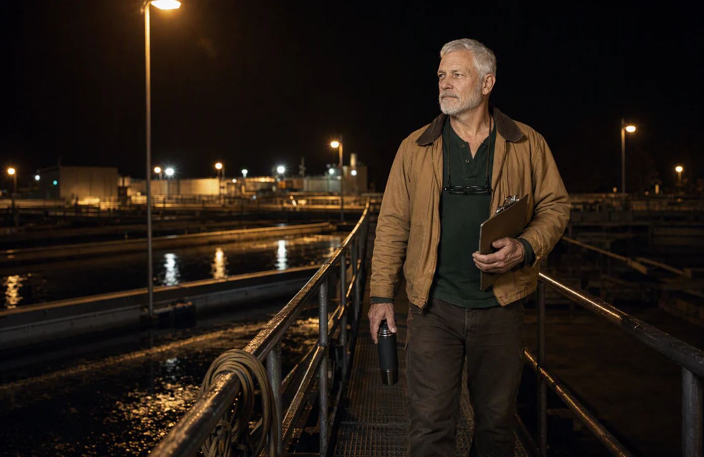 A water-plant operator walks the catwalk above the settling basins at 11 PM with a clipboard and a thermos.