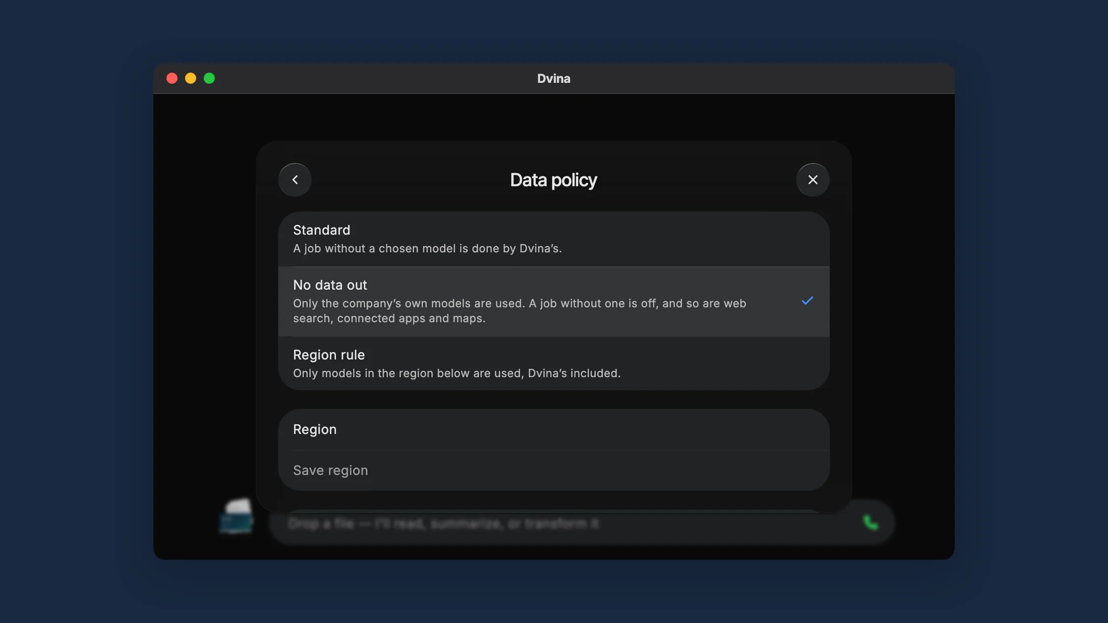 Dvina’s data policy settings in its window: No data out chosen, so only your own models are used.