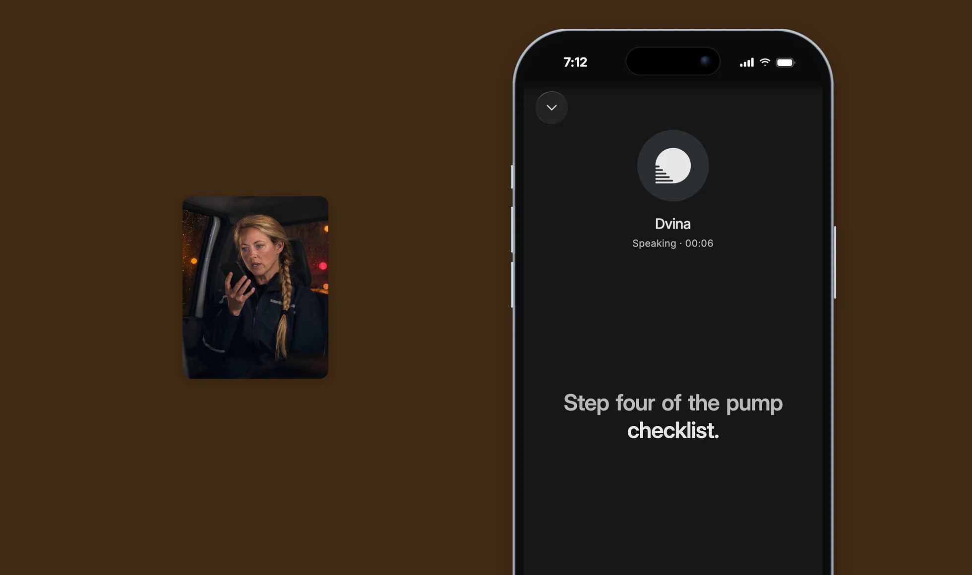 A call with Dvina on iPhone reading step four of the pump checklist, beside a duty officer in a response truck at night.