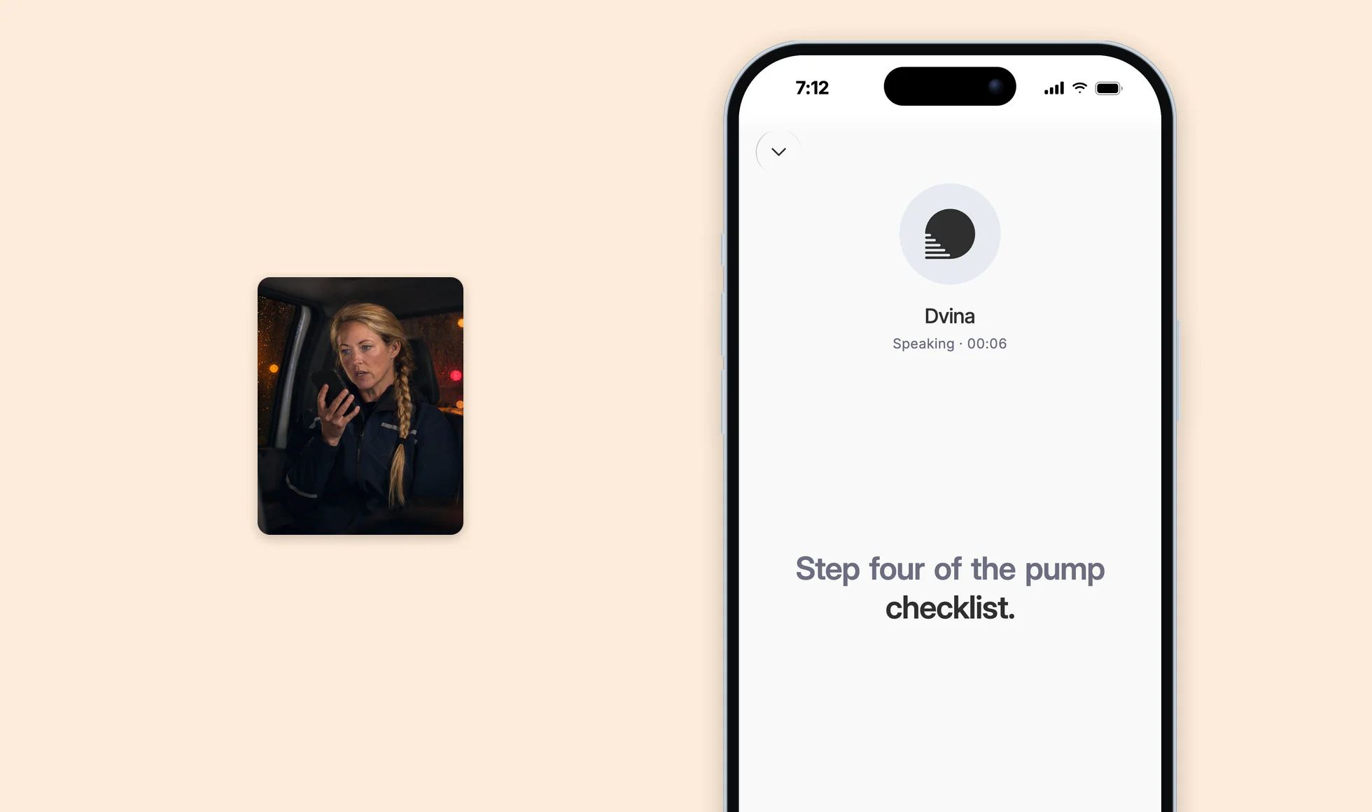 A call with Dvina on iPhone reading step four of the pump checklist, beside a duty officer in a response truck at night.