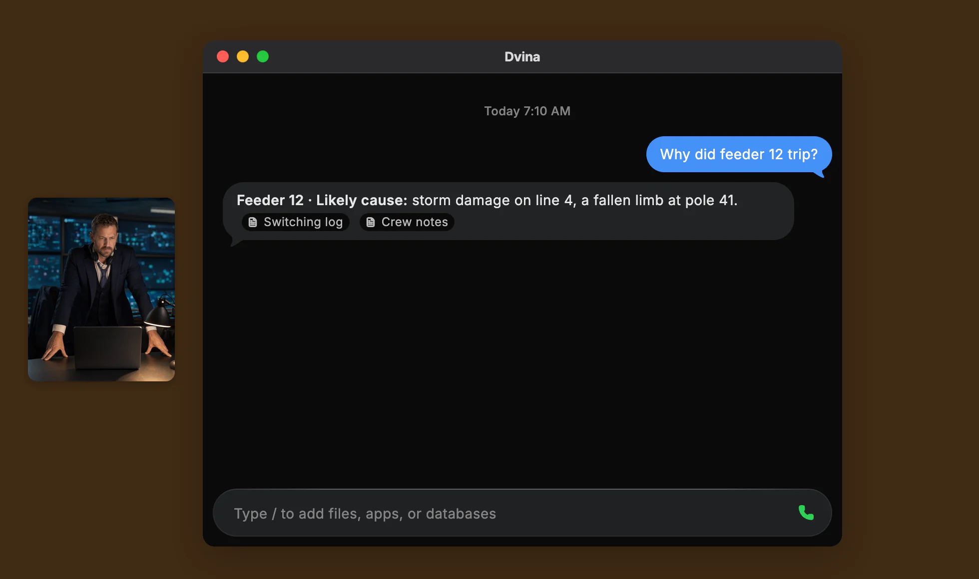 Dvina’s answer Feeder 12, likely cause, citing the switching log and the crew notes, beside a control-room engineer at 3 AM.