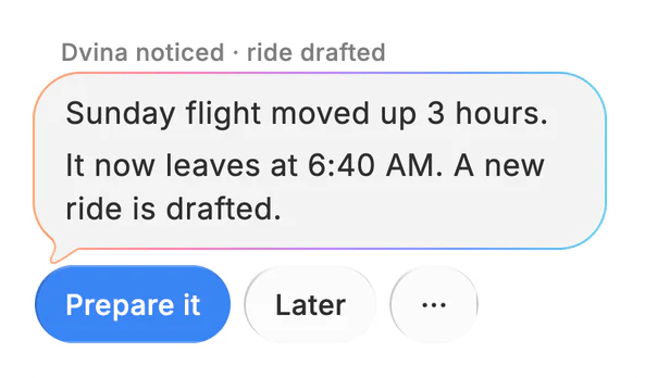 A card from Dvina: Sunday flight moved up 3 hours. A new ride is drafted.