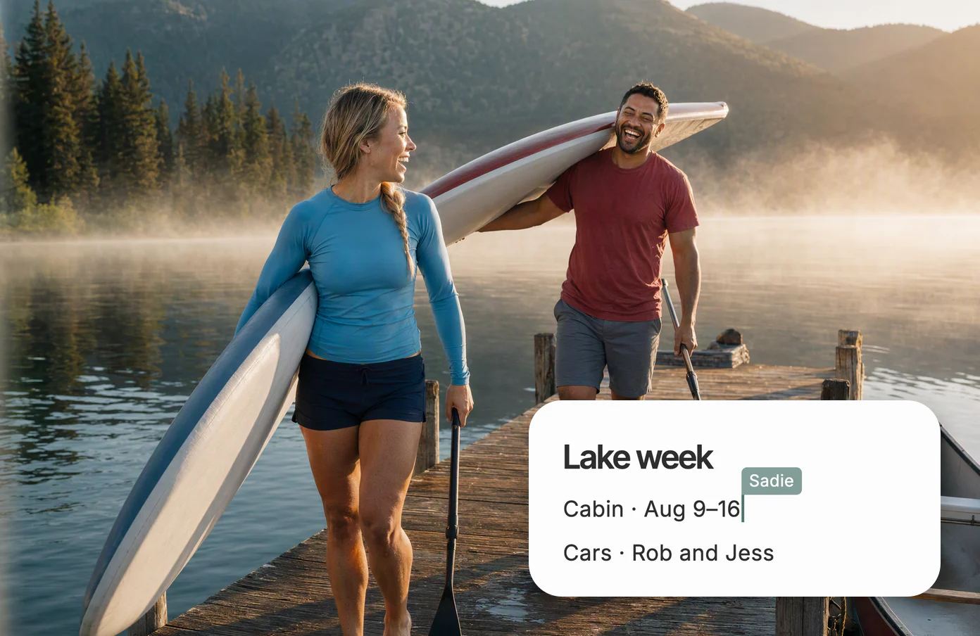 Sadie and Rob carry paddleboards down a dock at dawn, with the shared page Lake week, Sadie editing.
