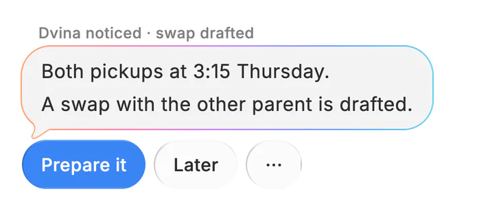 Dvina's card: Both pickups at 3:15 Thursday. A swap is drafted.