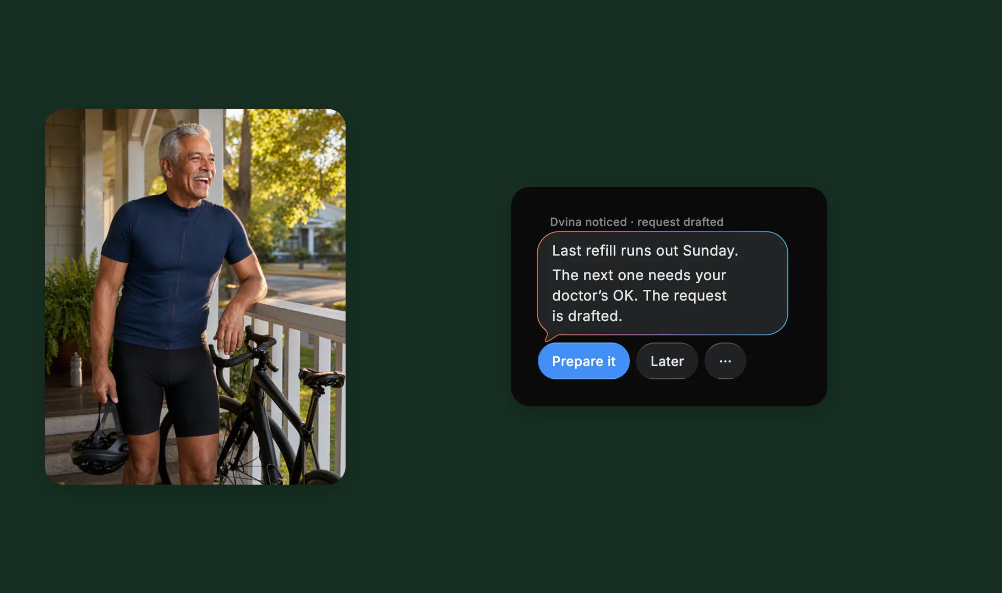 Dvina on an iPhone: Last refill runs out Sunday, beside Martin back from a morning ride.