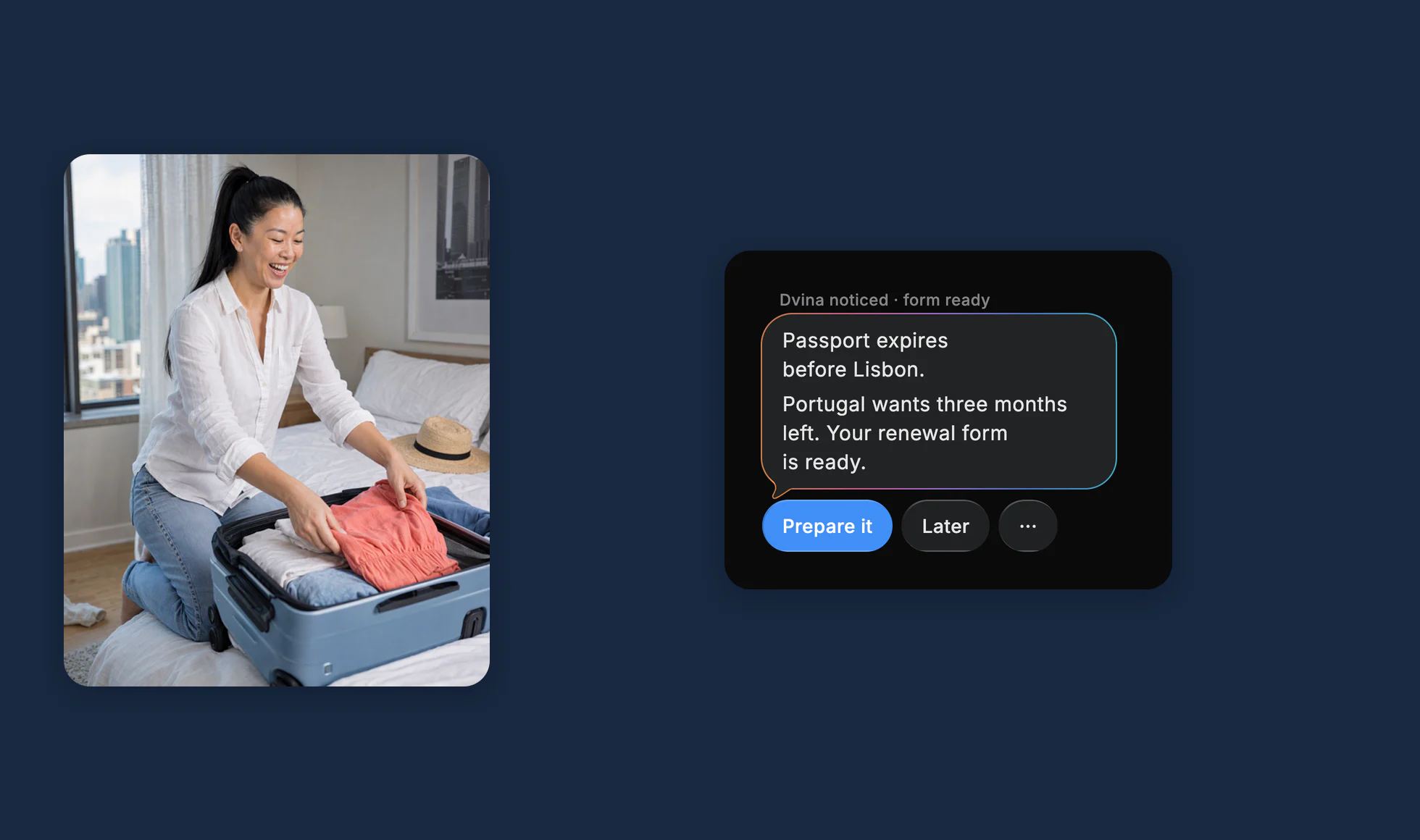 Dvina on an iPhone: Passport expires before Lisbon, beside Naomi packing a carry-on.