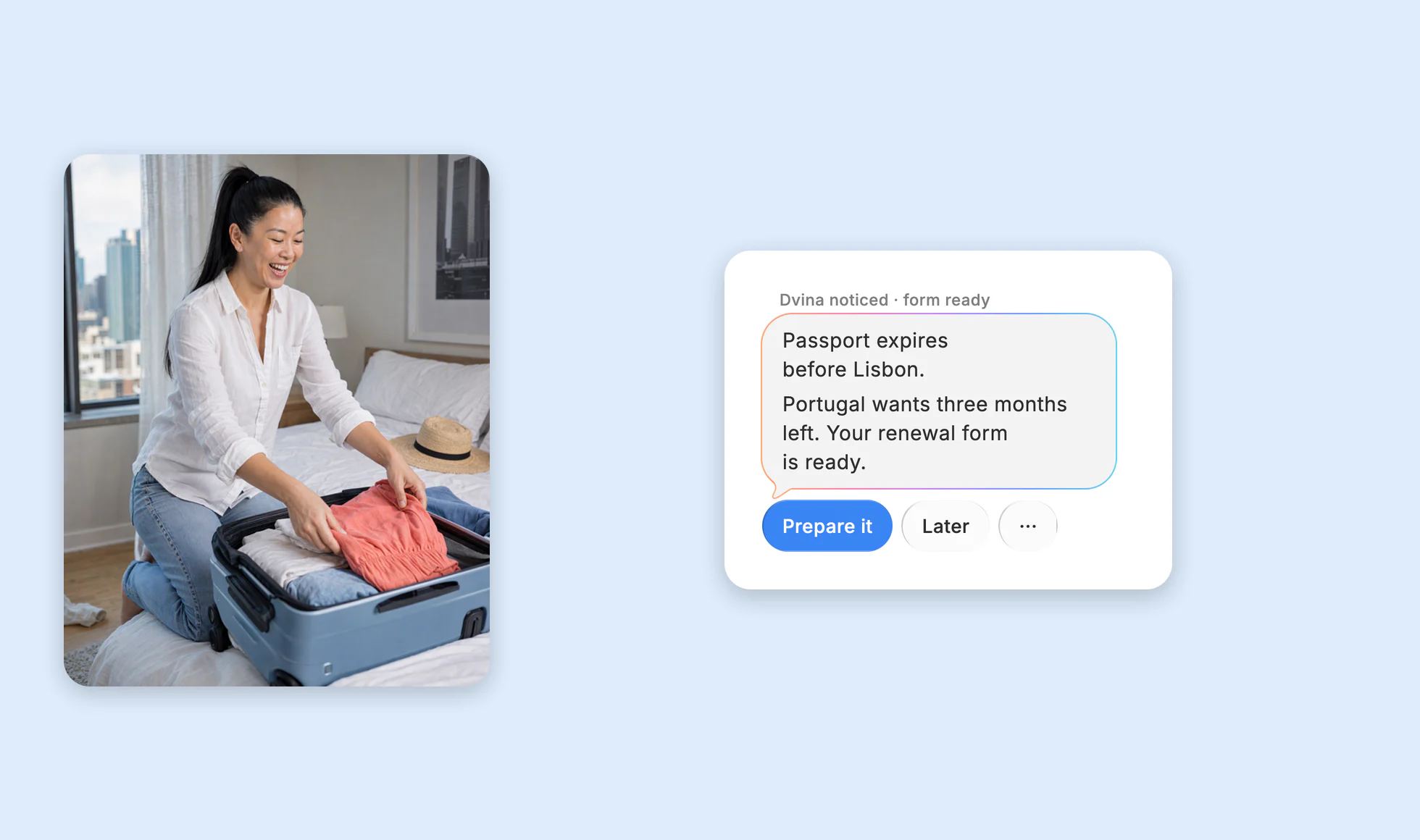 Dvina on an iPhone: Passport expires before Lisbon, beside Naomi packing a carry-on.