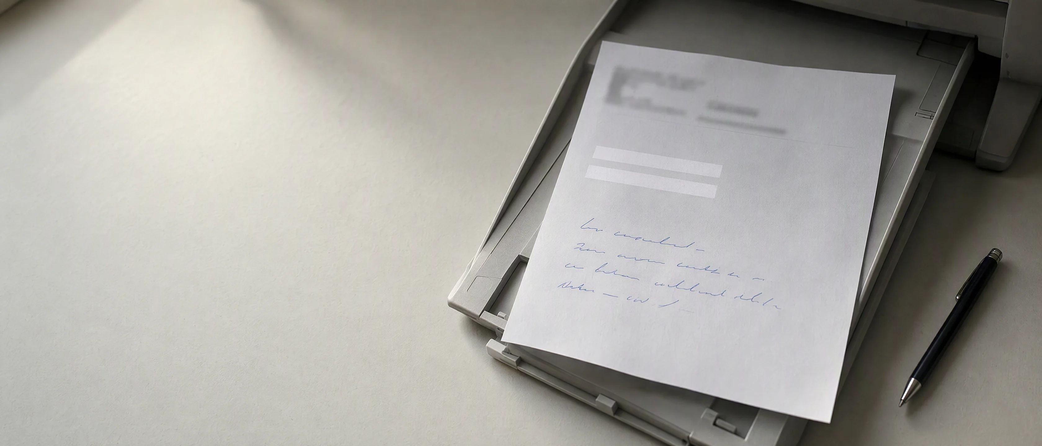 A referral page in an office fax tray, its phone number and email address covered by slim bars of light.