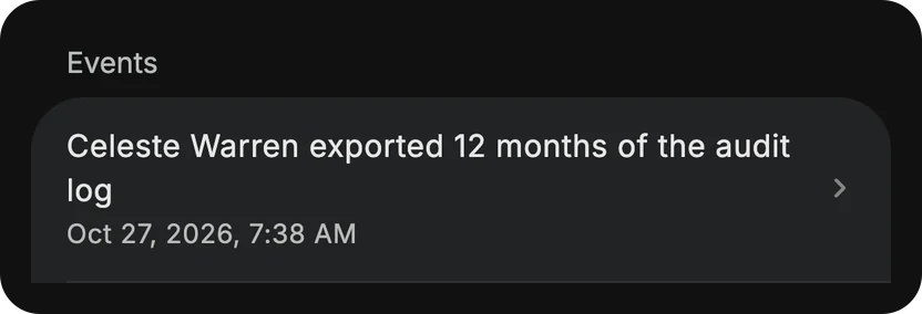 Dvina's audit log: 12 months, exported.