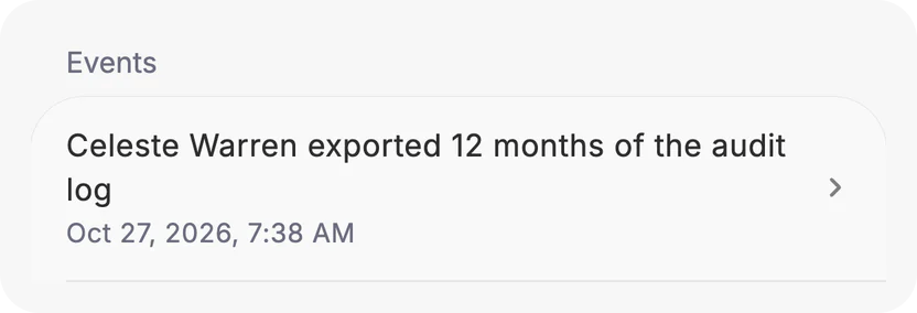 Dvina's audit log: 12 months, exported.
