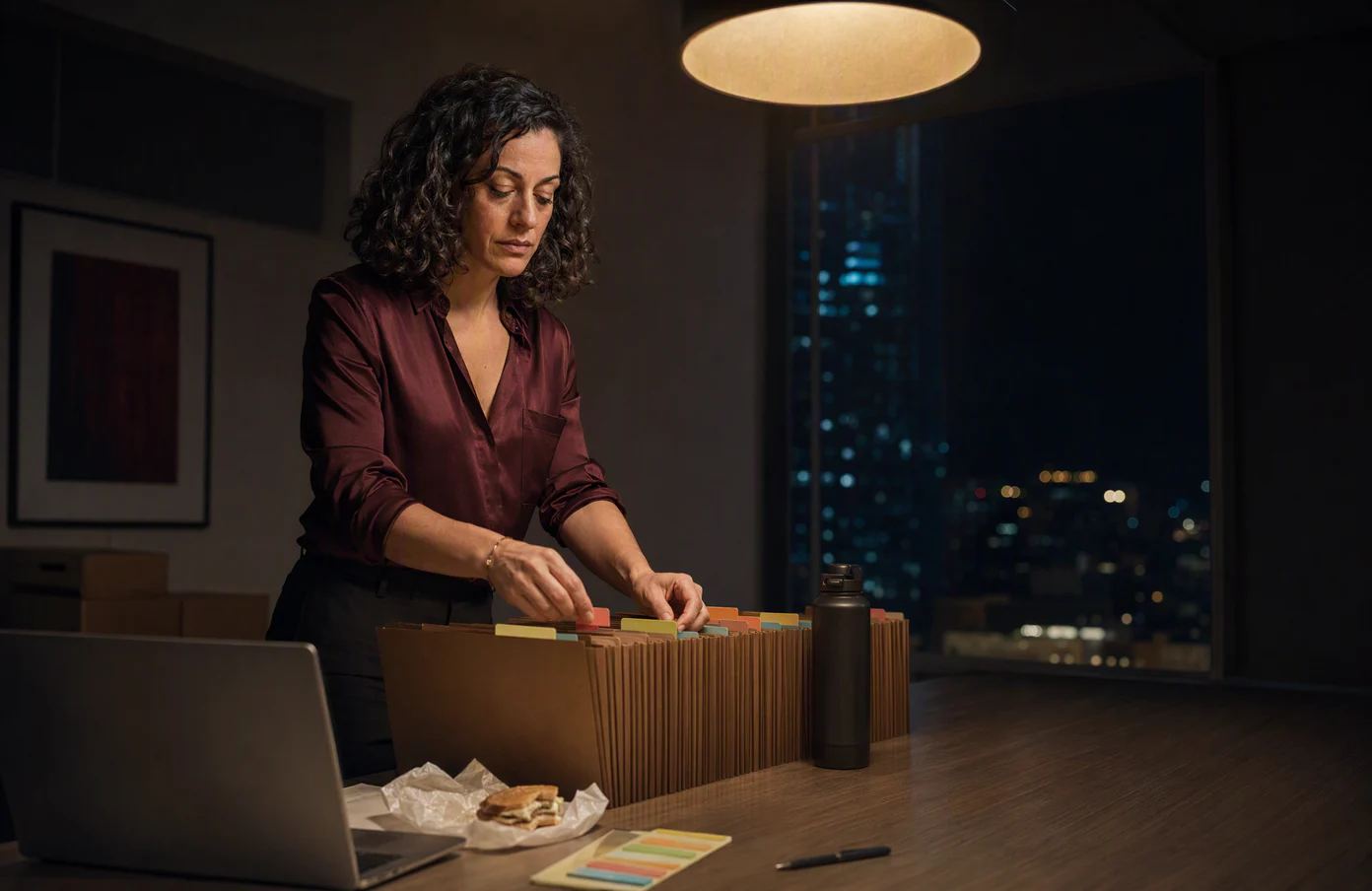 Bianca tabs a row of accordion files along a long table in a law firm's case room at 9 PM.