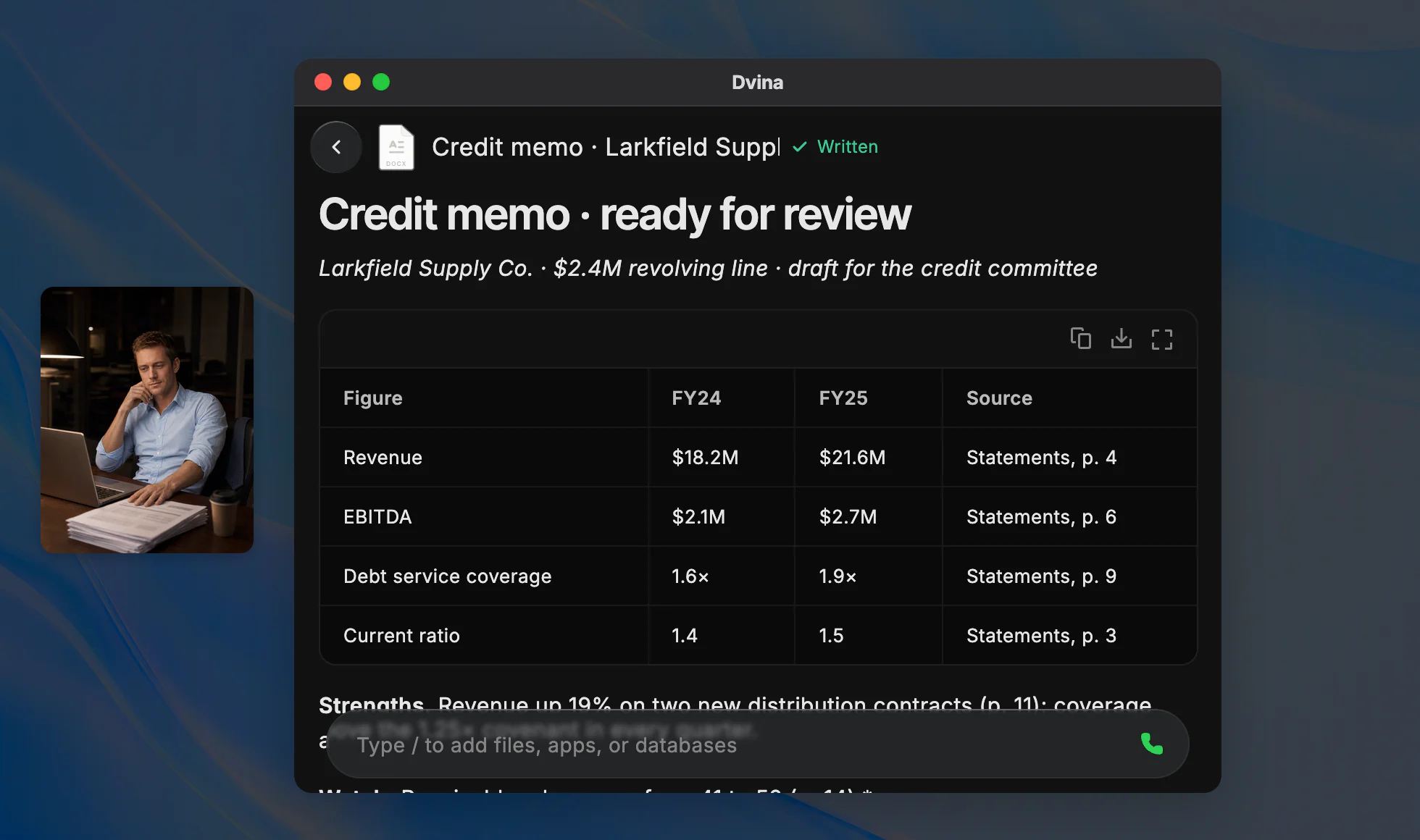 Brett at his desk at 8 PM, and Dvina on a Mac with a credit memo ready for review, each figure linked to its page.