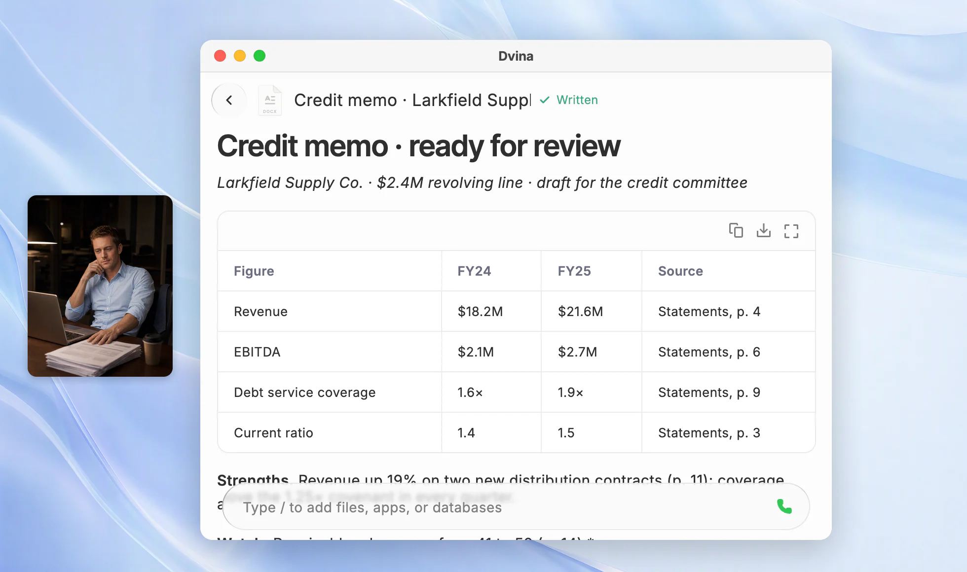 Brett at his desk at 8 PM, and Dvina on a Mac with a credit memo ready for review, each figure linked to its page.