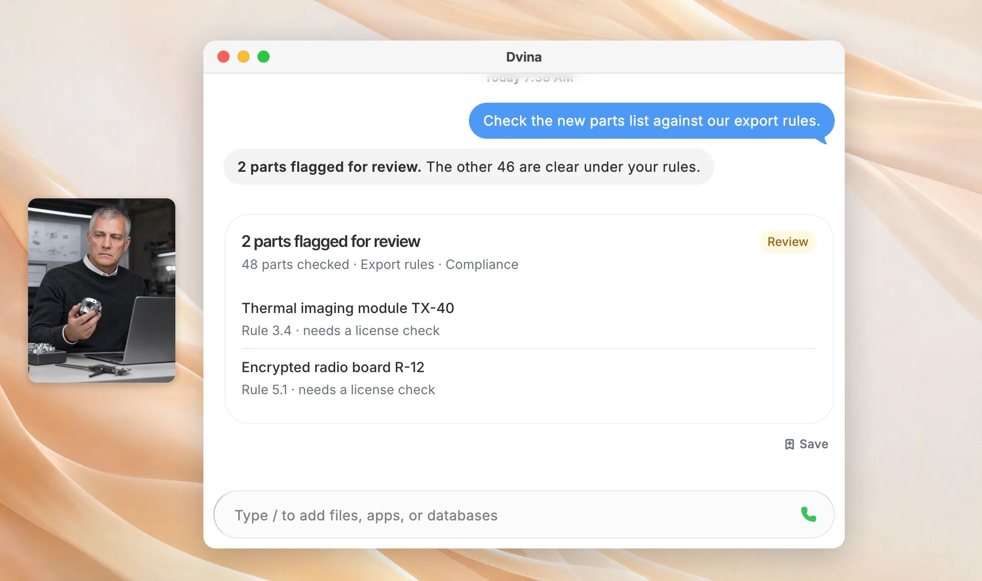 Lyle on a secure engineering floor, and Dvina on a Mac: 2 parts flagged for review, citing the export rules.
