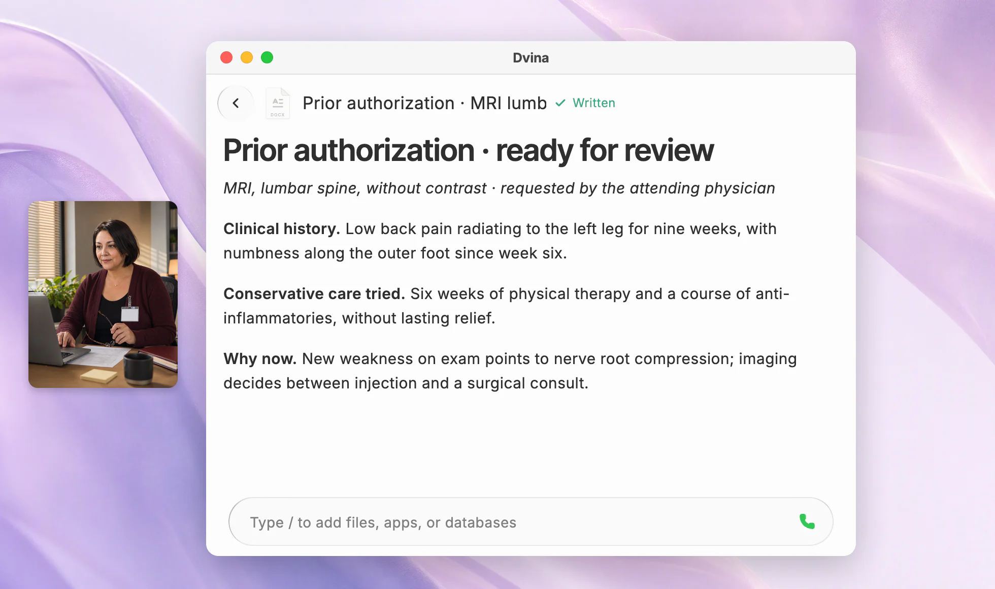 Teresa in a case-management office, and Dvina on a Mac with a prior-authorization letter ready for review.