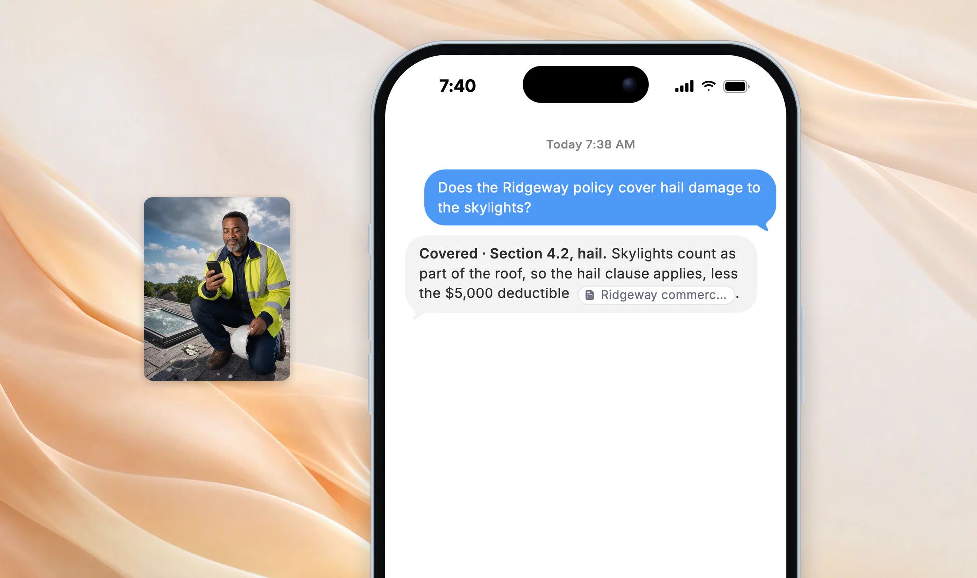 Dwayne on a hail-dented roof, and Dvina on an iPhone: covered, section 4.2, hail, from the policy PDF.