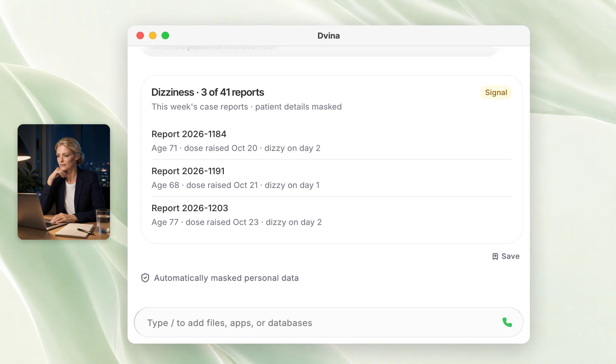 Annika at a window desk after dark, and Dvina on a Mac: 3 new reports mention dizziness, with automatically masked personal data.
