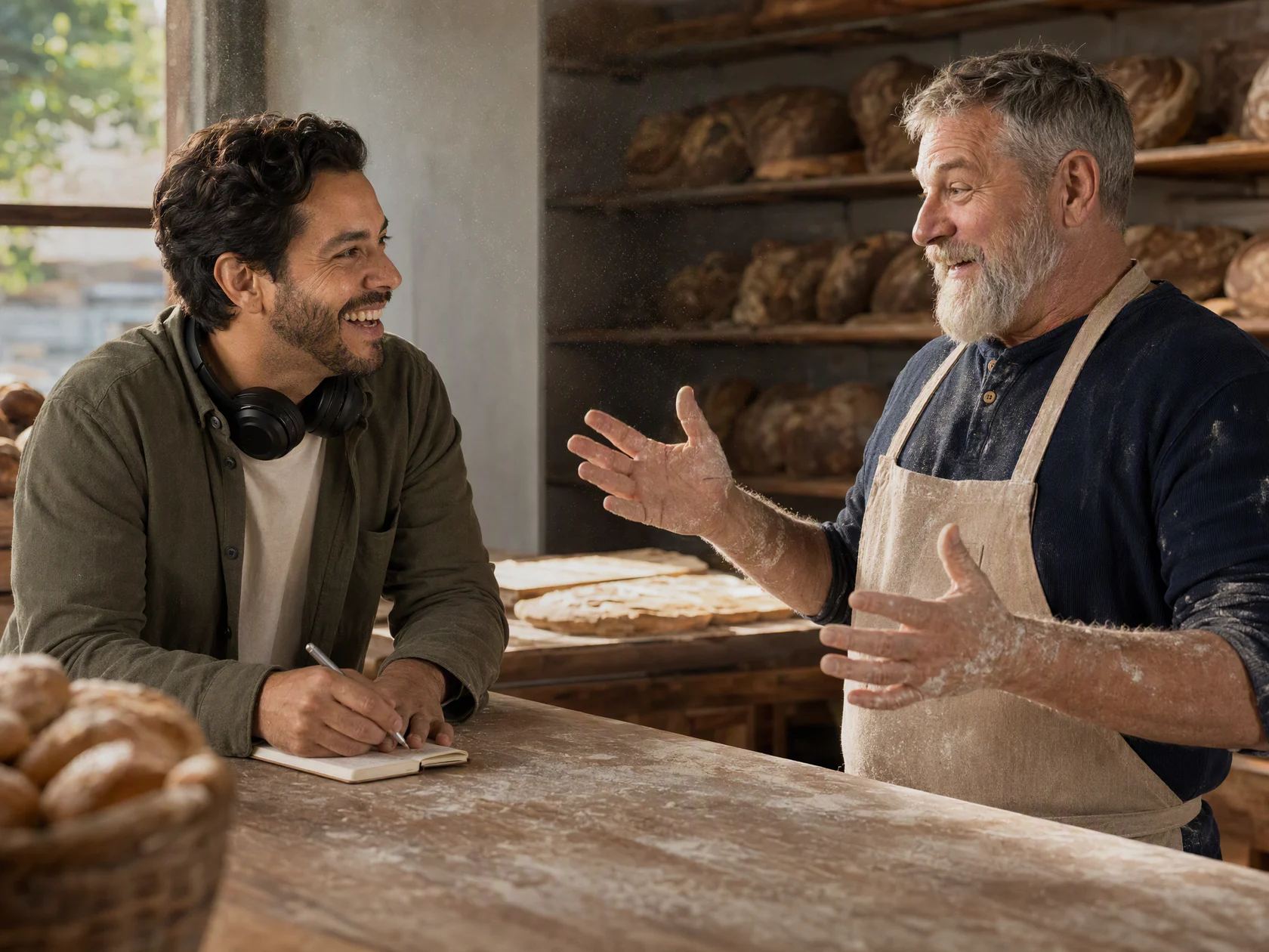 Early morning at a neighborhood bakery: Rafael, notebook out, laughs as Gene tells him what his shop needs next.