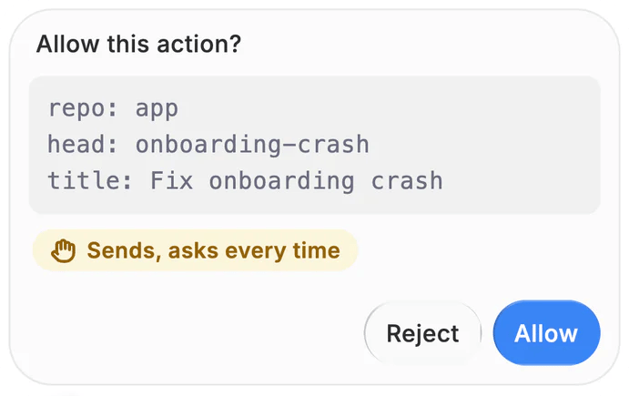 Dvina asks before it opens a pull request: Allow or Reject.
