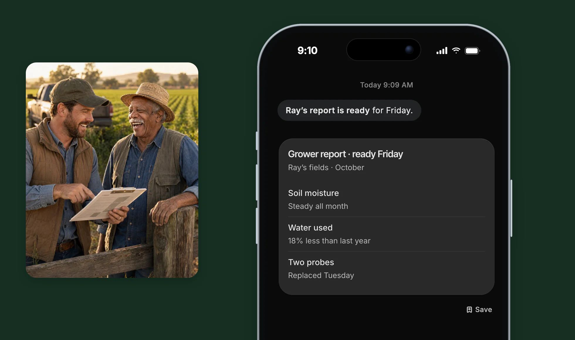 Dvina on an iPhone: the grower report, ready Friday, beside Luke and Ray laughing over it at the field's edge.